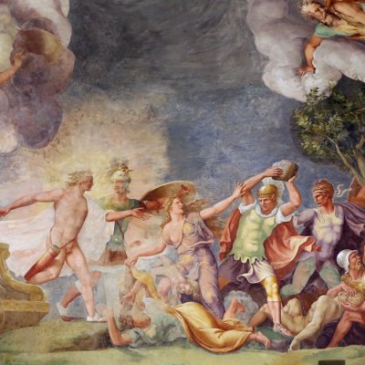 Aphrodite empêche Diomède de lapider Énée (Palais Ducal, Salle de Troie) - G. Romano