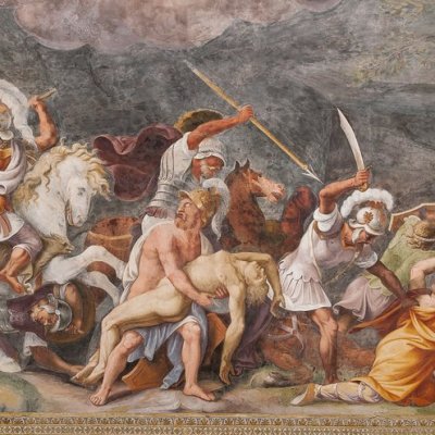 Combat des Ajax pour exfiltrer le corps de Patrocle (Palais Ducal, Salle de Troie) - G. Romano