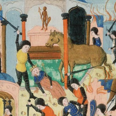 Chute de Troie, Priam exécuté par Pyrrhus (R. Lefèvre, Histoires de Troyes, F218v)