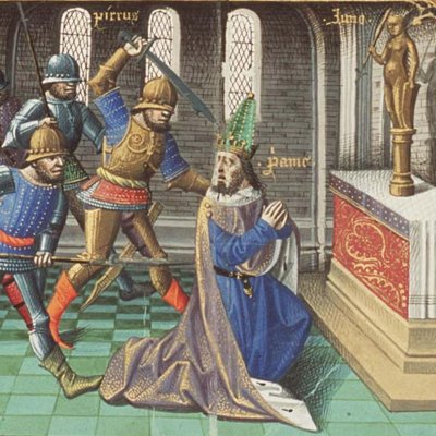 La chute de Troie et la mort de Priam (Cité de Dieu, MMW10A11, F6v)