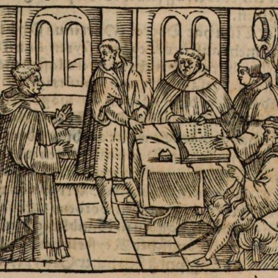 Luther et Cajetan. Augsbourg, 1518 (Rabus, Historien…, t4, Strasbourg, 1556)