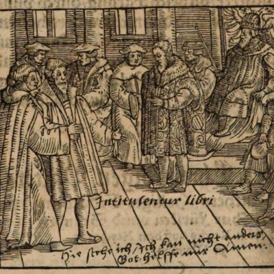 Luther comparaît à la Diète de Worms, 1521 (Rabus, Historien…, t4, Strasbourg, 1556)