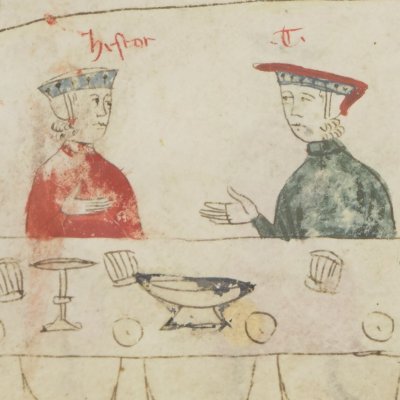 Banquet chez Brehauz (Roman de Tristan abrégé, Bnf FR760, F116v)