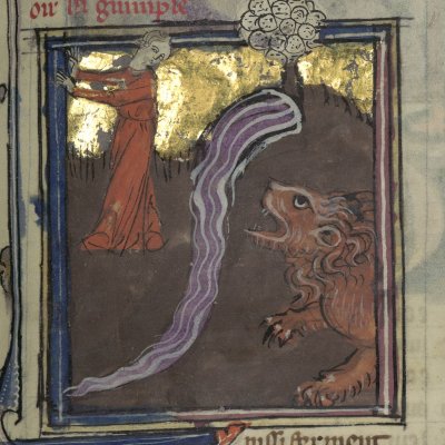 Thisbé face au lion (Le romant des Fables Ovide le Grant, Ars Ms-5069 réserve, F42)