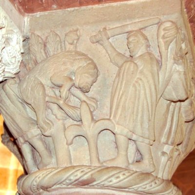 Pyrame tue le lion (Chapiteaux de la cathédrale de Bâle)