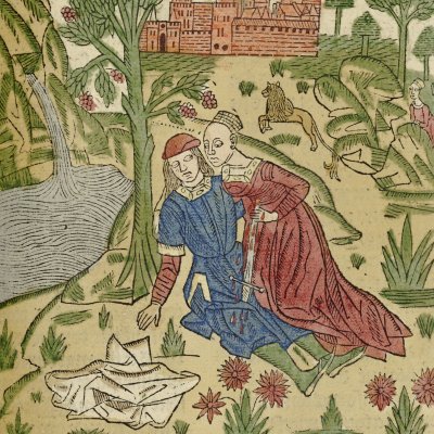 Thisbe commits suicide over Pyramus' body (Ovid Moralized, Book IV, Bruges, 1484)