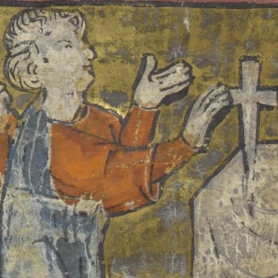 Tristan prête serment comme chevalier de la Table ronde (BL Additional 5474, F27v)