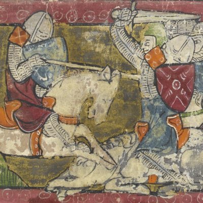 Tristan l'emporte sur 14 chevaliers de la Table ronde (BL Additional 5474, F74v)