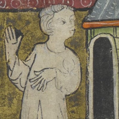 Lancelot surpris au lit avec la fille du roi Pellés s'échappe en tenue de nuit (BL Additional 5474, F150v)