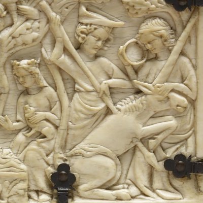 Tristan et Iseult épiés par Marc. Mort de la licorne (Coffret en ivoire de Baltimore, côté gauche)