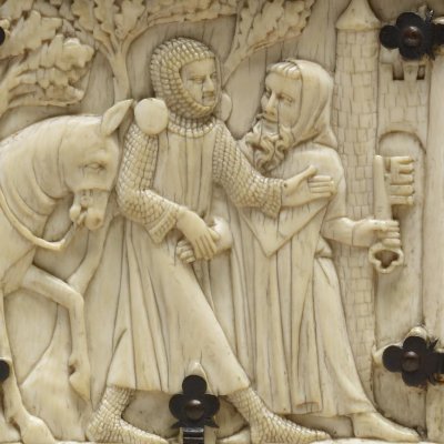 Galaad reçoit les clefs du château des Demoiselles (Coffret en ivoire de Baltimore, côté droit)