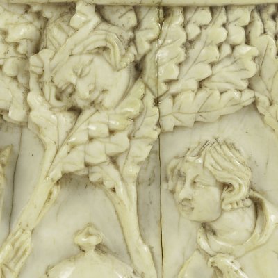 Tristan et Iseult épiés par Marc. Mort de la licorne (Coffret en ivoire de la reine Hedwige de Pologne, côté gauche)