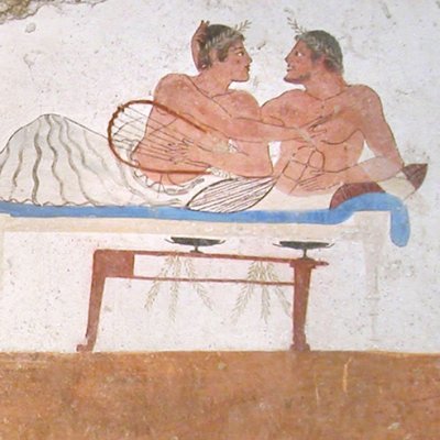 Après le vin, l'amour : convives au banquet (Tombe du plongeur, côté nord)