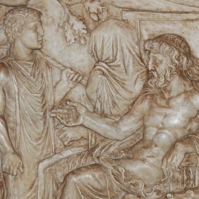 Flanc de sarcophage avec Mercure rendant visite à Proserpine aux Enfers