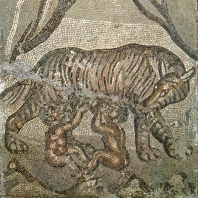 La louve romaine allaitant Romulus et Rémus sous le regard de deux bergers (Mosaïque de Larino)