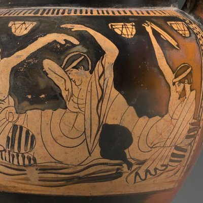 Scène de banquet et jeu de cottabe (cratère à colonnettes à figures rouges)