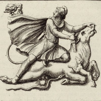 Mithra terrassant le taureau, avec le corbeau messager (L'Antiquité expliquée…, 1719, t.1-2, pl. 216)