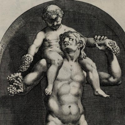 Faun carrying the infant Bacchus on his shoulders (Speculum Romanae Magnificentiae, pl.72) - Duchetti and Lafreri