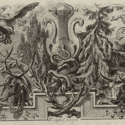 Composition avec le serpent d'Eurydice et la lyre d'Orphée (Métamorphoses Banier 1769, l.10, vignette liminaire) - Choffard