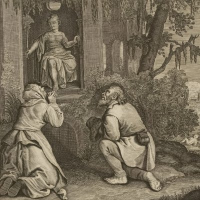 Deucalion and Pyrrha instructed by Themis (Métamorphoses Du Ryer 1702, l.1)