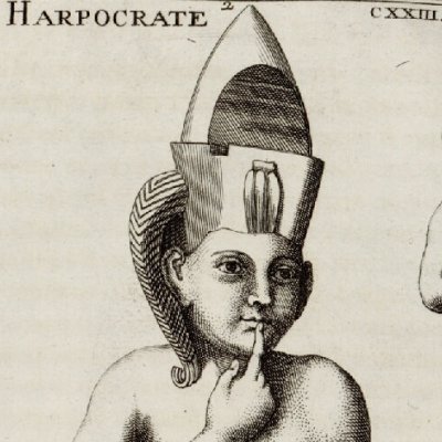 Statuettes d'Harpocrate des cabinets Foucault, Fontaine et Sainte-Geneviève (L'Antiquité expliquée…, 1719, t.2-2, pl. 123)