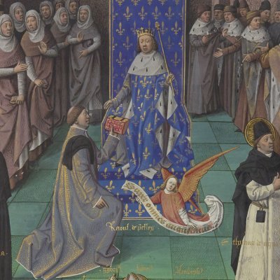 Dédicace du livre par Raoul de Presle à Louis XI (Cité de Dieu, Fr18 fol.Ar)