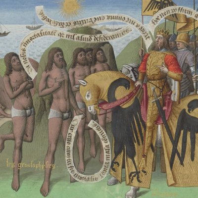 Alexandre face aux prêtres de Didymes et aux gymnosophistes. Les mécaniciens (Cité de Dieu l.3, Fr18 fol.60v)