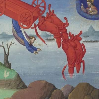 Loth et la destruction de Sodome. La chute de Phaéton (Cité de Dieu l.4, Fr18 fol.111r)