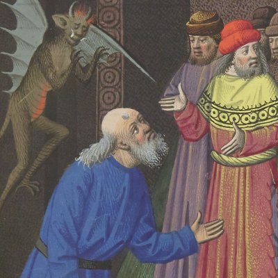 Dispute contre Varron et Cicéron à la cour d'Auguste. Le dieu Liber (Cité de Dieu l.6, Fr18 fol.166r)