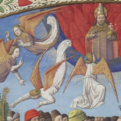 Médiation des anges entre Dieu et les hommes. Entrée du Christ à Jérusalem (Cité de Dieu l.8, Fr18 fol.201r)