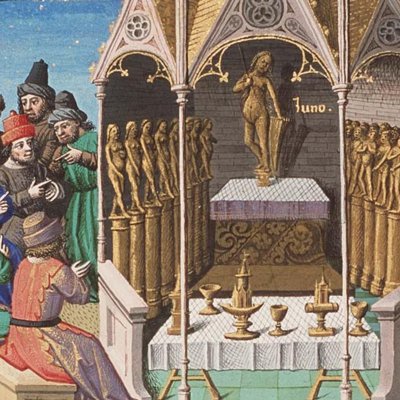 Les Grecs entreposent les trésors de Troie dans le temple de Junon. Sac de Rome (Cité de Dieu, MMW10A11, F9v) 