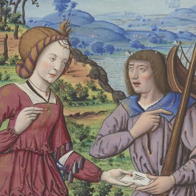 Penelope delivers a letter for Ulysses (Epîtres d'Ovide, trans. Saint-Gelais, Fr 873, F1v)