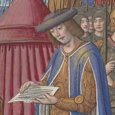Achille reçoit une lettre de Briséis (Epîtres d’Ovide, trad. Saint-Gelais, Fr 873, F12v)