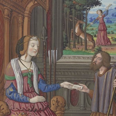 Phèdre remet une lettre pour Hippolyte (Epîtres d’Ovide, trad. Saint-Gelais, Fr 873, F19v)