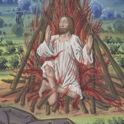 Déjanire se détourne d'Hercule brûlant (Epîtres d’Ovide, trad. Saint-Gelais, Fr 873, F55v)