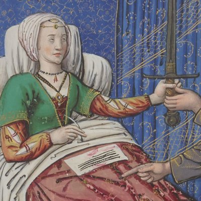 Macarée tente d'empêcher Canacé de se suicider (Epîtres d’Ovide, trad. Saint-Gelais, Fr 873, F68v)
