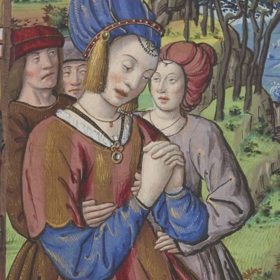 Laodamie abandonnée par Protésilas parti pour Troie (Epîtres d’Ovide, trad. Saint-Gelais, Fr 873, F83v)