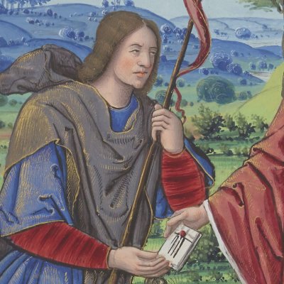 Pâris remet une lettre pour Hélène (Epîtres d’Ovide, trad. Saint-Gelais, Fr 873, F96v)