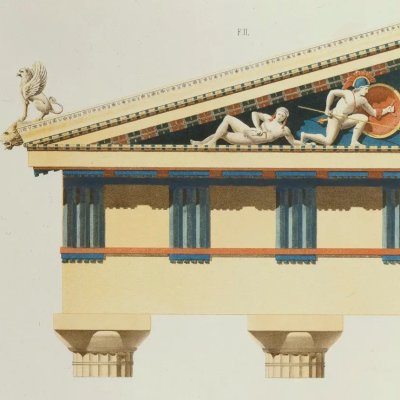 Façades partielles du Parthénon et du temple d'Égine (L'Architecture polychrome chez les Grecs, pl.8) - Hittorff