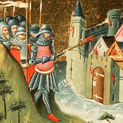 Représailles de l'armée d'Holopherne : incendie d'une ville (Bible d'Utrecht, KB 78D38 II, F3v)
