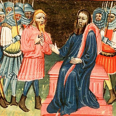 Achior met Holopherne en garde contre les Israélites (Bible d'Utrecht, KB 78D38 II, F4v)