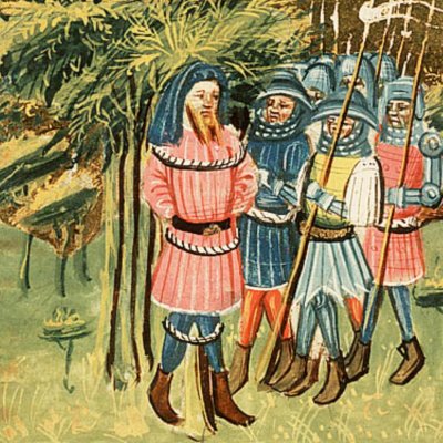 Achior is handed over to the Israelites, who untie him (Utrecht Bible, KB 78D38 II, F5r).