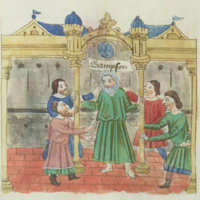 Dérision de Noé et dérision de Samson (Speculum humanae salvationis, Bnf FR188, F24r)