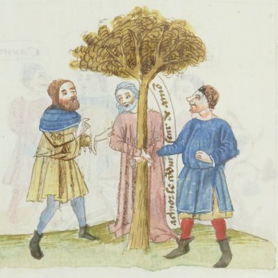 Flagellation du Christ. Achior attaché (Speculum humanae salvationis, Bnf FR188, F24v)