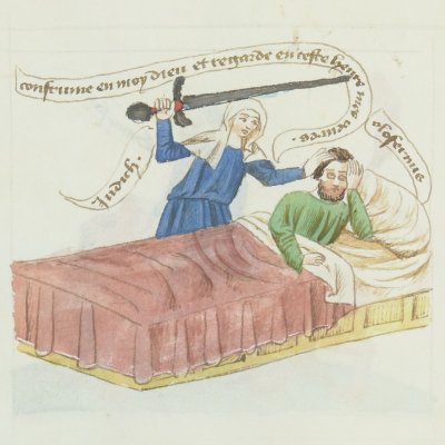 Marie écrase le démon. Judith s'apprête à décapiter Holopherne (Speculum humanae salvationis, Bnf FR188, F34r)
