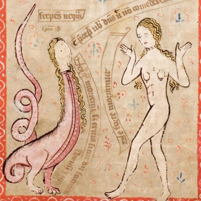 Dieu unit Adam et Eve. La tentation d'Eve (Speculum Humanae salvationis, Hs-2505, F3r)