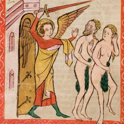 Le péché originel et l'expulsion du Paradis (Speculum Humanae salvationis, Hs-2505, F4v)