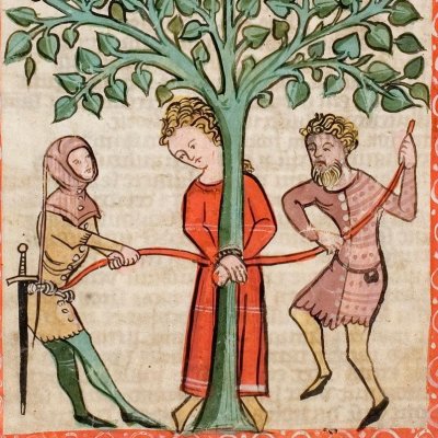 Flagellation du Christ. Achior attaché (Speculum Humanae salvationis, Hs-2505, F36v)