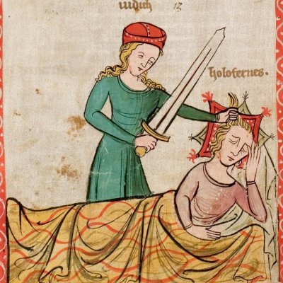 Marie écrase le démon. Judith s'apprête à décapiter Holopherne (Speculum Humanae salvationis, Hs-2505, F56v)