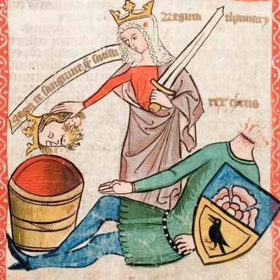 Yael tue Sisera. Tomyris tue Cyrus (Speculum Humanae salvationis, Hs-2505, F57r)